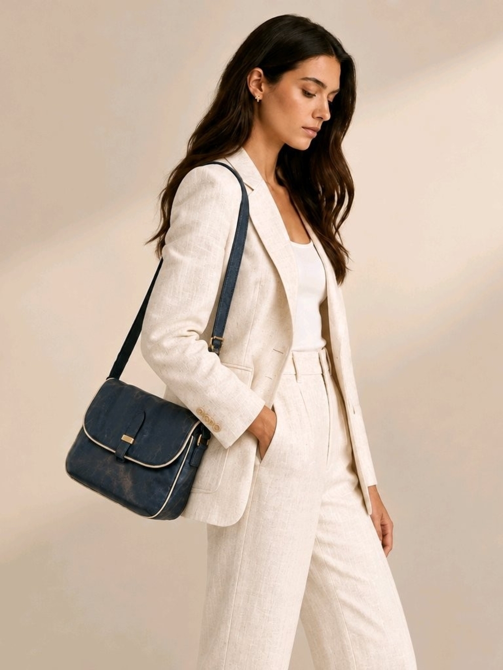 Vintage Bugatti Navy Blue Leather Crossbody Flap Bag with Cream Piping